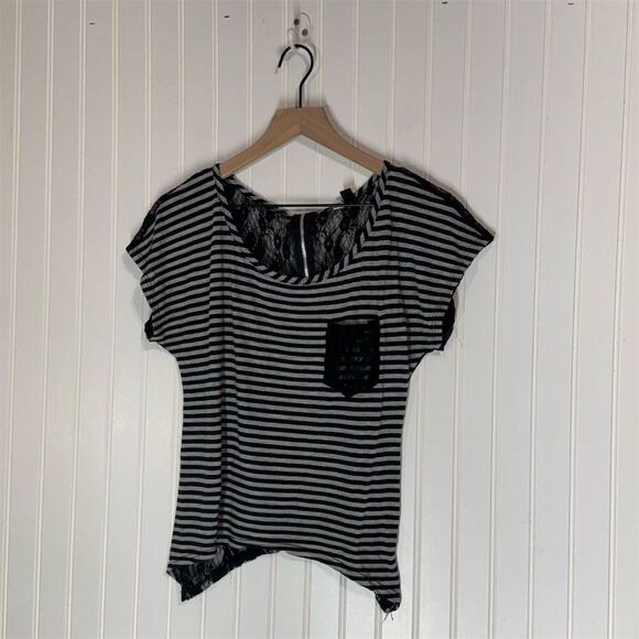 Charlotte Russe Tops - Charlotte Russe Lace Back Striped Tee S Grunge Y2K USA Made Black Gray Mesh